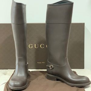 Gucci horsebit chocolate knee high rain boots